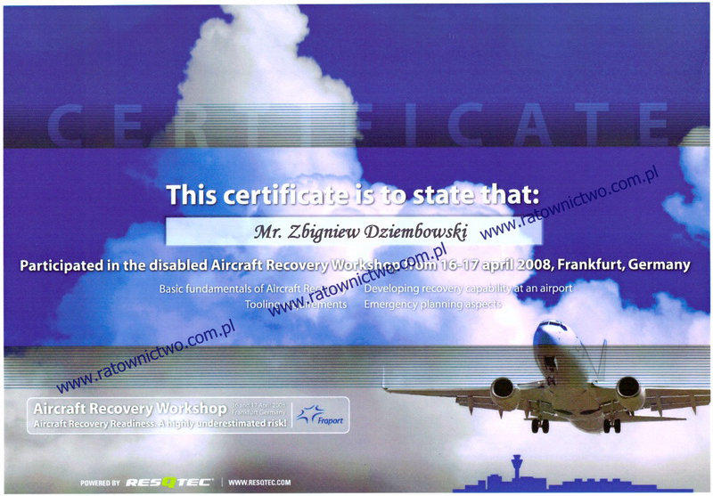 COMPART Zbigniew Dziembowski Centrum Sprztu Ratowniczego - Certificate FRAPORT Frankfurt Aircraft Recovery (www.ratownictwo.com.pl)