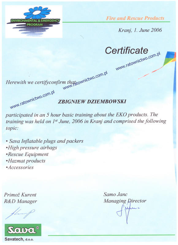 COMPART Zbigniew Dziembowski Centrum Sprztu Ratowniczego - Certificate Savatech Training SAVA EKO Products (www.ratownictwo.com.pl)