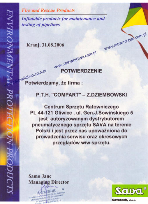 COMPART Zbigniew Dziembowski Centrum Sprztu Ratowniczego - Potwierdzenie SAVA 08 Savatech (www.ratownictwo.com.pl)