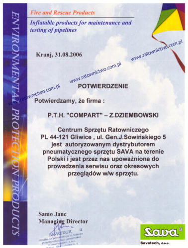 COMPART Zbigniew Dziembowski Centrum Sprztu Ratowniczego - Potwierdzenie SAVA 08 Savatech (www.ratownictwo.com.pl)