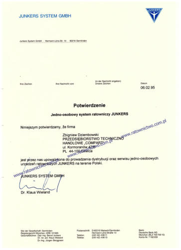 COMPART Zbigniew Dziembowski Centrum Sprztu Ratowniczego - Potwierdzenie JUNKERS System (www.ratownictwo.com.pl)