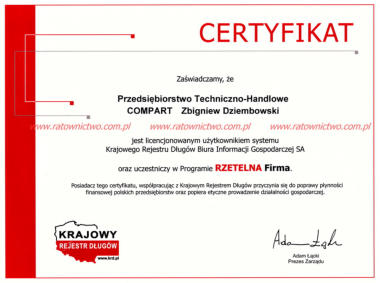 COMPART Zbigniew Dziembowski Centrum Sprztu Ratowniczego - Certyfikat Rzetelna Firma KRD BIG SA (www.ratownictwo.com.pl)