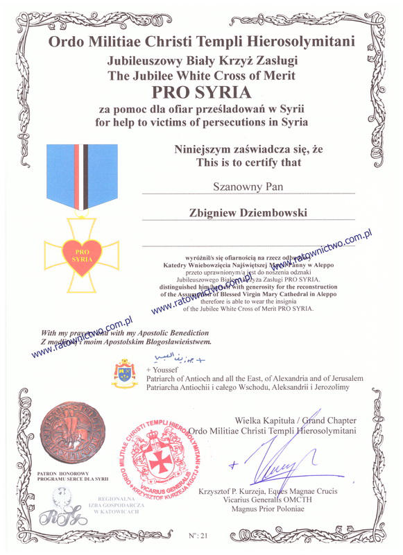 COMPART Zbigniew Dziembowski Centrum Sprztu Ratowniczego - OMCTH The Jubilee White Cross of Merit PRO SYRIA (www.ratownictwo.com.pl)