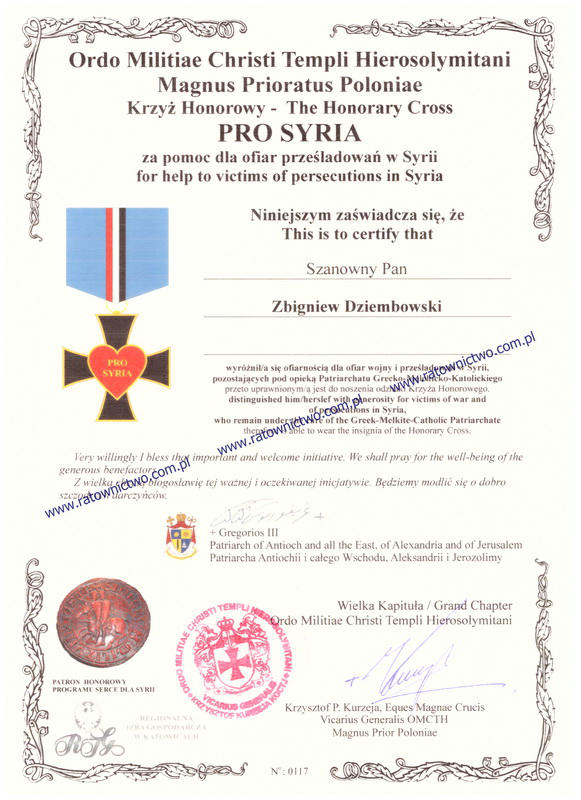 COMPART Zbigniew Dziembowski Centrum Sprztu Ratowniczego - OMCTH The Honorary Cross of Merit PRO SYRIA (www.ratownictwo.com.pl)